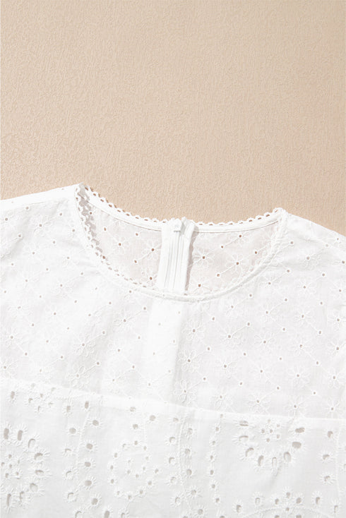 Floral Eyelet Embroidered Sleeveless Tiered Cotton Shift Dress